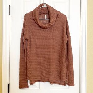 Elan waffle knit cowl neck sweater chestnut brown